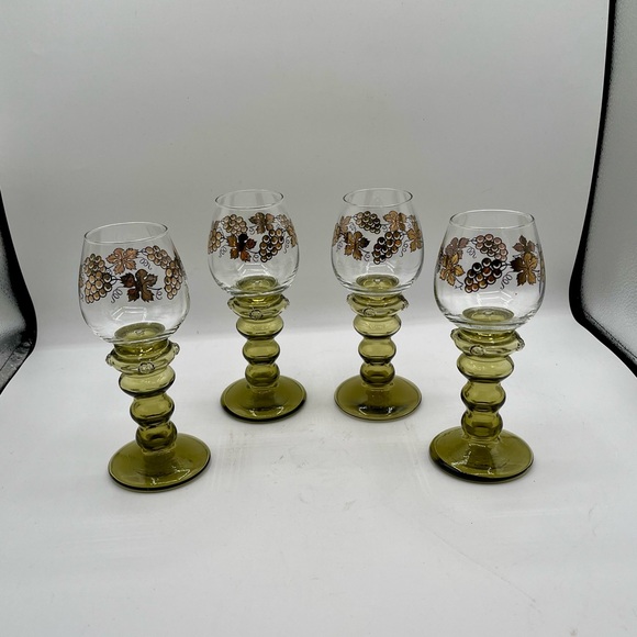 Set of 4 Olive Green Stemmed Wine Glasses with Grape Motif from Germany